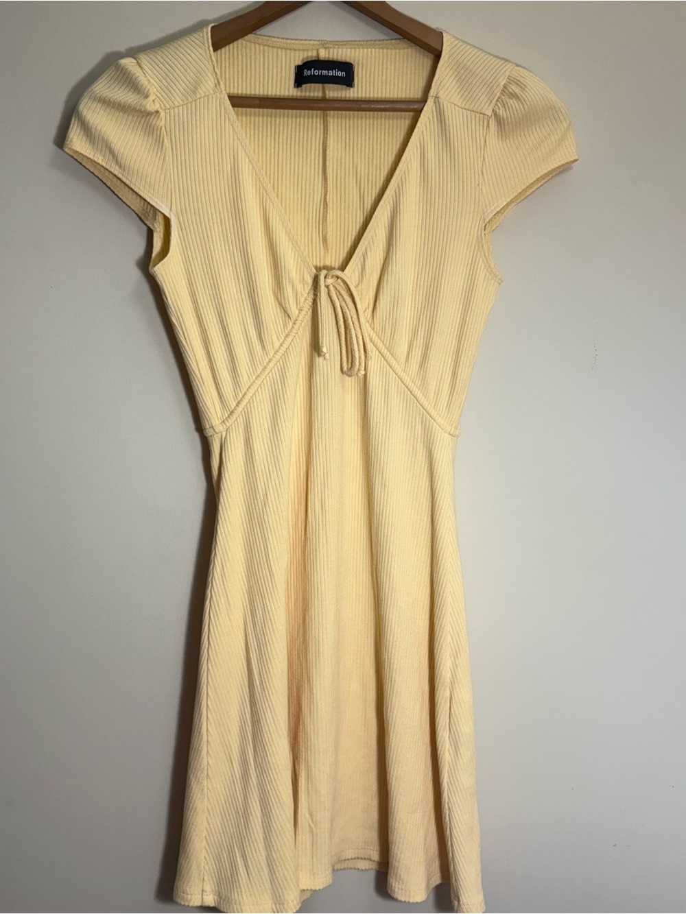 Reformation Butter Yellow Tie-Front Ribbed Mini Dress